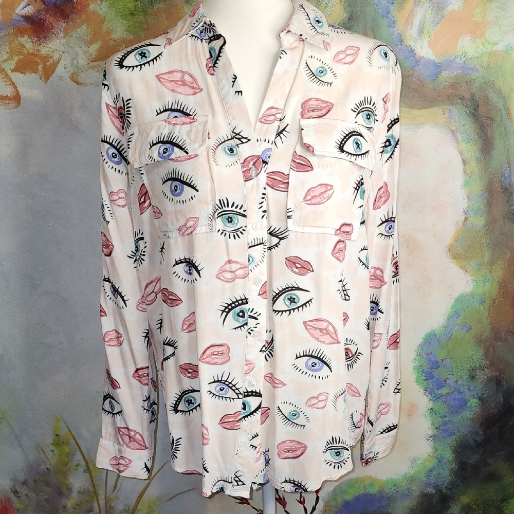 White Tie Front Blouse with Polo Collar and Blue Print